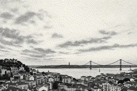 Dithered 1-bit view of the Tagus river and the 25 de Abril bridge in Lisbon.