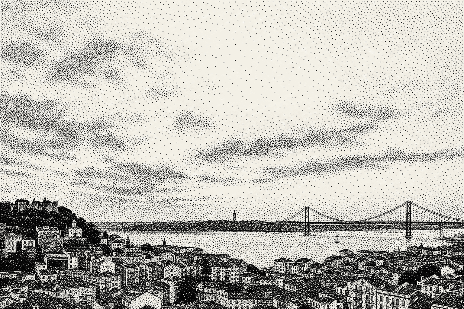 Dithered 1-bit view of the Tagus river and the 25 de Abril bridge in Lisbon.